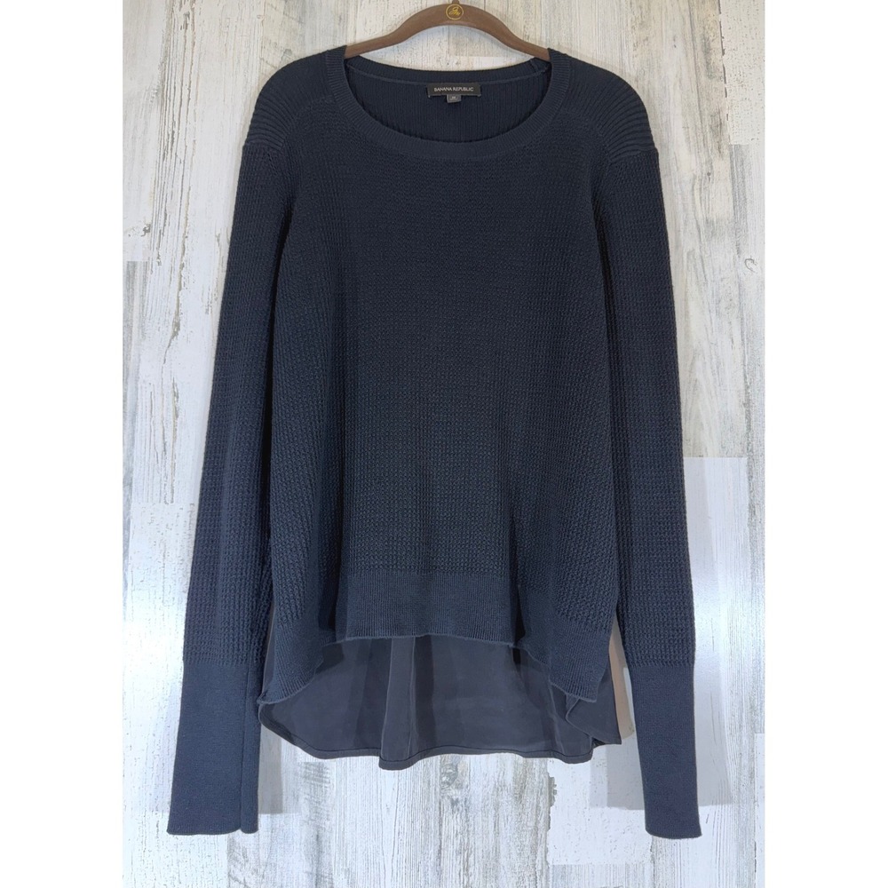 Banana Republic Mixed Media Waffle Knit Sweater M Black Chiffon Back High Low